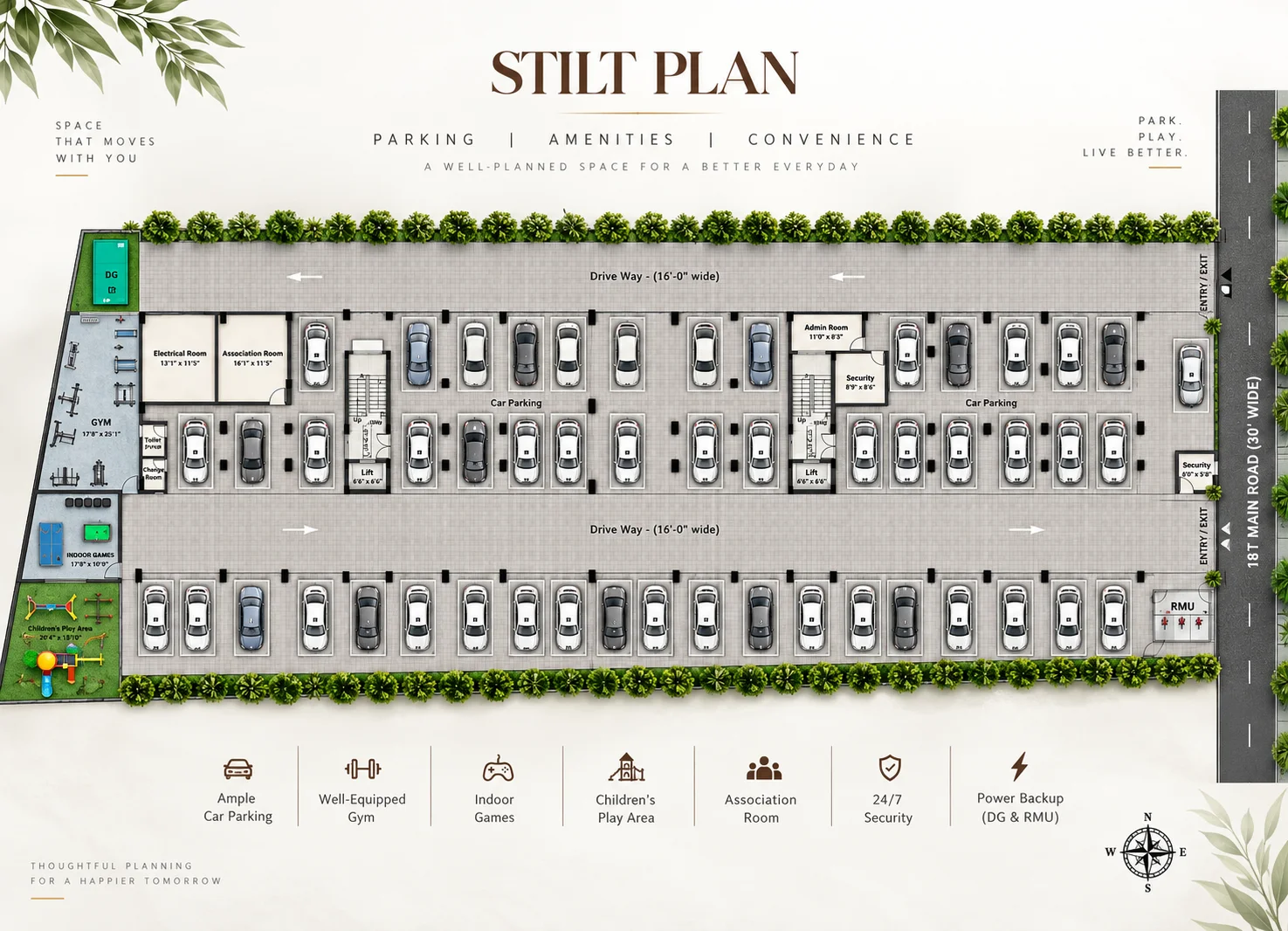 Indu Coral stilt floor plan layout with covered parking and amenities