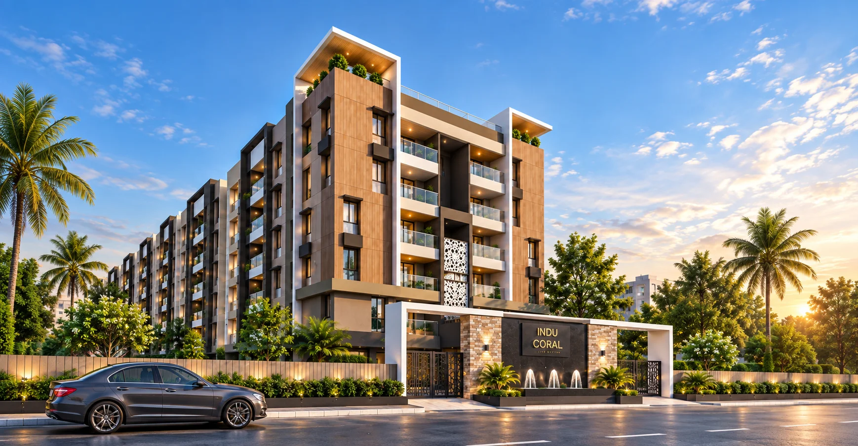 Indu Coral residential building in Besant Nagar at sunset