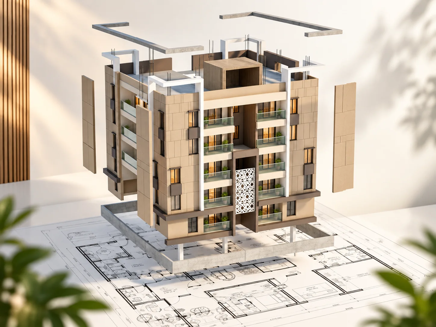 Architectural exploded 3D building diagram step by step development