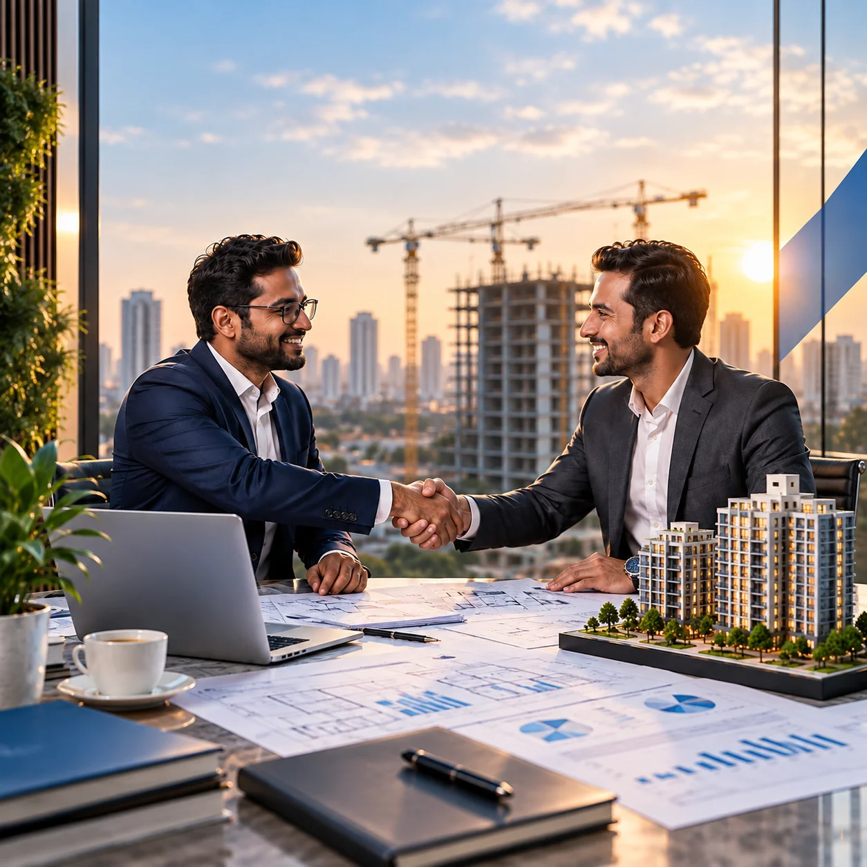 Business partners shaking hands over blueprints and architectural scale model