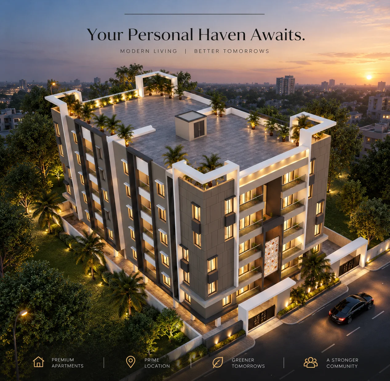 Indu Coral rooftop evening view and architectural rendering