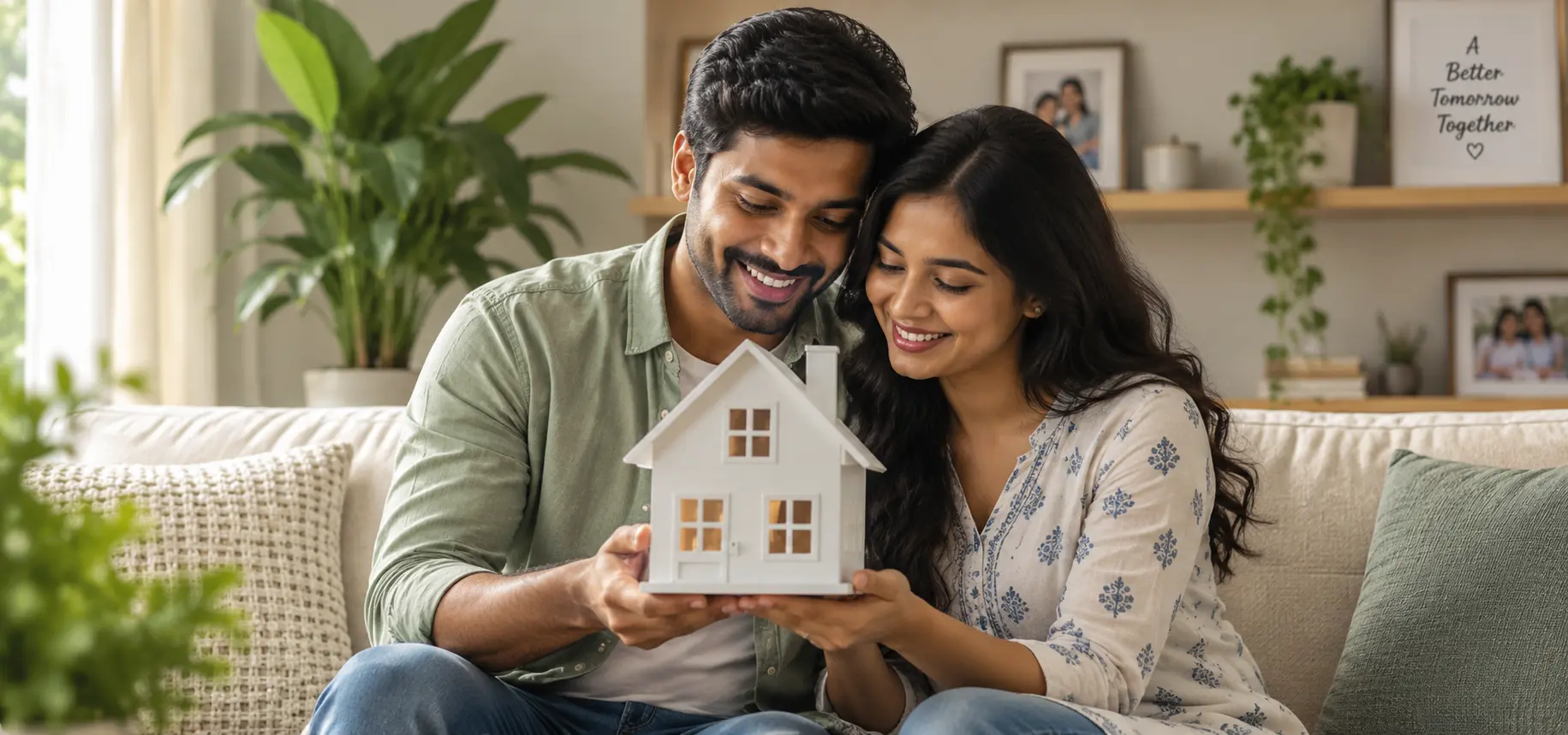 Happy Chennai family holding a model house